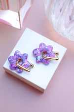 Jojo Confettis purple earrings: Flowers + Gold Oval Hoops