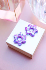 Jojo Confettis purple earrings: Flowers + Gold Oval Hoops