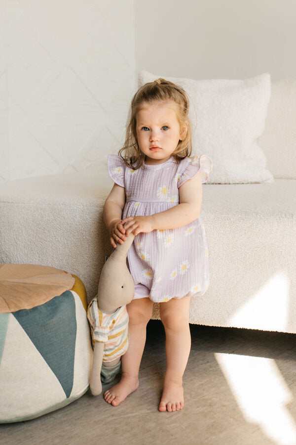 Purple muslin romper - Daisies