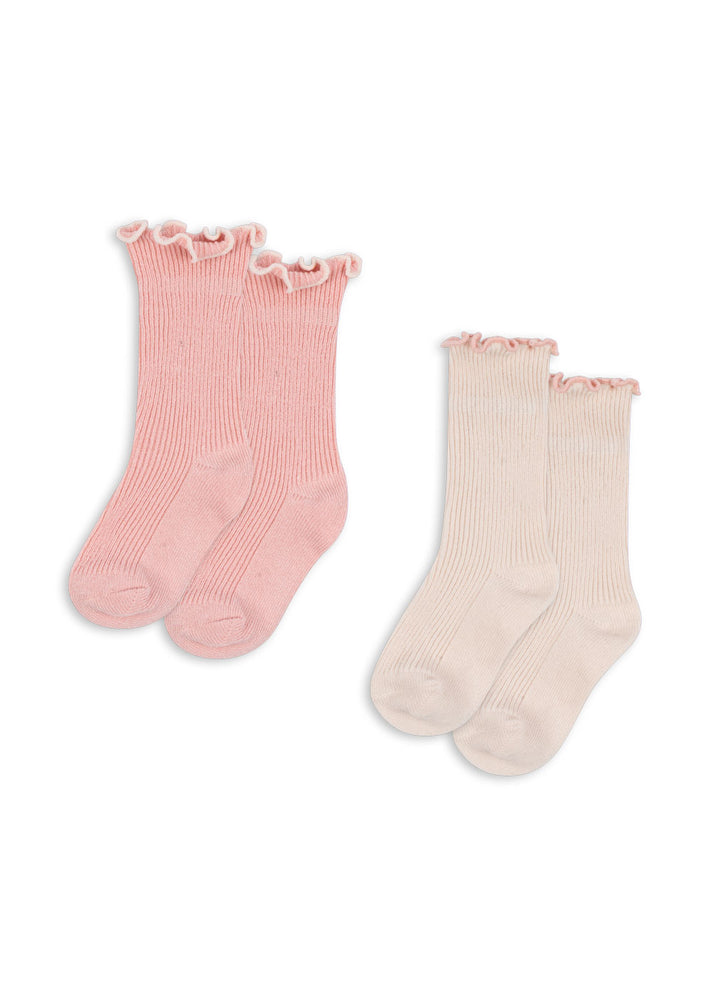 (KS103290) 2-Pack Rib Frill Socks - Rose/Off White