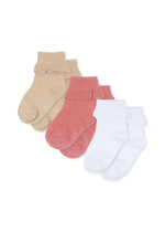 (KS103309) 3-Pack Rib Frill Socks - Sand/white/Rasperry