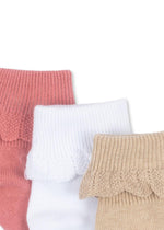 (KS103309) 3-Pack Rib Frill Socks - Sand/white/Rasperry