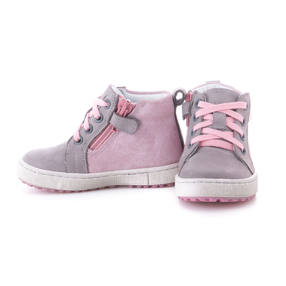 (2624-7) Grey Pink Lace Up Sneakers with zipper